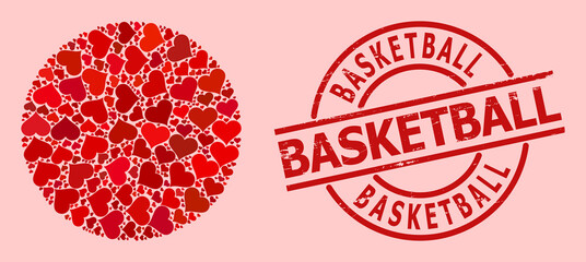 Scratched Basketball seal, and red love heart mosaic for circle. Red round stamp seal has Basketball tag inside circle. Circle mosaic is done from red dating items.