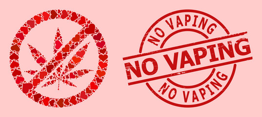 Textured No Vaping stamp seal, and red love heart mosaic for forbid cannabis. Red round stamp seal has No Vaping title inside circle. Forbid cannabis mosaic is created from red wedding icons.