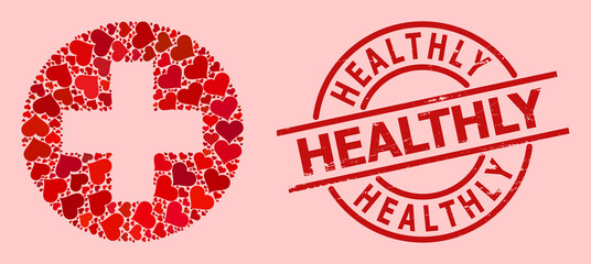 Distress Healthly stamp seal, and red love heart pattern for medical aid. Red round stamp seal includes Healthly caption inside circle. Medical aid mosaic is formed of red amour items.