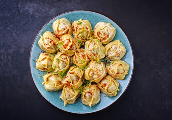 Traditional steamed Kazakh manti garnished with mincemeat and sumah served as top view on a Nordic design plate with copy space