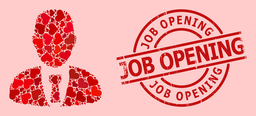 Scratched Job Opening stamp seal, and red love heart pattern for manager. Red round stamp seal includes Job Opening text inside circle. Manager mosaic is designed with red wedding items.