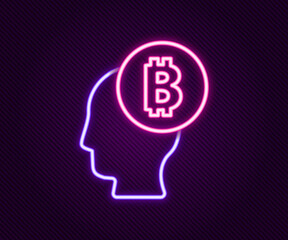 Glowing neon line Bitcoin think icon isolated on black background. Cryptocurrency head. Blockchain technology, digital money market, cryptocoin wallet. Colorful outline concept. Vector