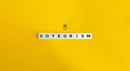 Voyeurism banner and conceptual image. Block letters and icon on bright orange background. Minimal aesthetics.