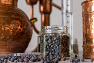 Enebros en primer plano junto a un Alambique de cobre utilizado para destilar con botánicos, enebro, cardamomo y accesorios sobre una mesa de madera. - obrazy, fototapety, plakaty