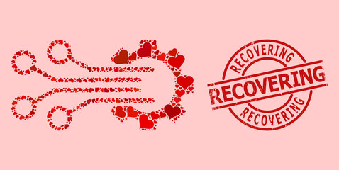Distress Recovering seal, and red love heart collage for mechanic sensor. Red round stamp seal includes Recovering caption inside circle.