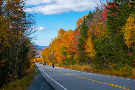 Kancamagus Highway NH Highway 112 in fall near Hancock Notch in White Mountain National Forest, Town of Lincoln, New Hampshire NH, USA.