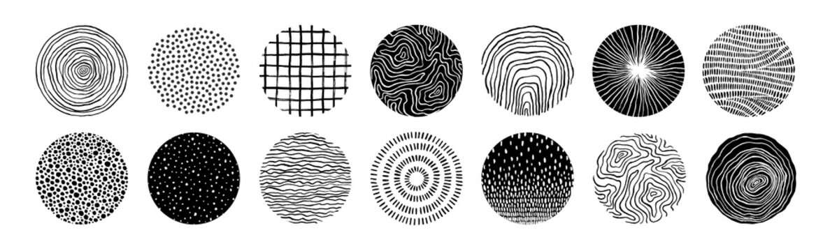 Set of round hand drawn patterns and textures. Trendy vector graphic elements for your unique design.