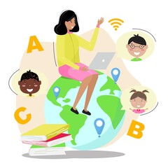International online education concept in flat design. Online children studying. Woman teacher teaching children online around the world. 
