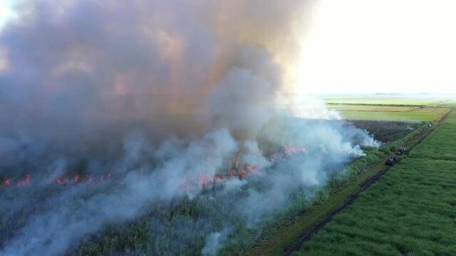 2021 - Excellent aerial shot of a sugar cane field burning in Florida.