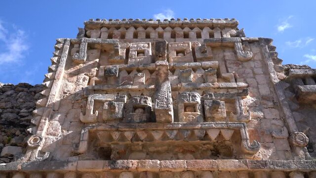 2021 - The face of Chaac, Mayan god of rain, adorns the wall of a temple in Mexico.