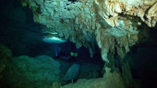 2021 - Divers explore an underwater cenote off the coast of Mexico's Yucatan peninsula.