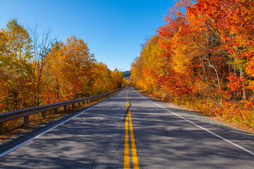 Kancamagus Highway NH Highway 112 in fall near Hancock Notch in White Mountain National Forest,...