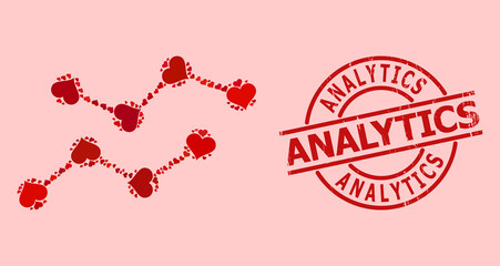 Distress Analytics stamp, and red love heart mosaic for charts. Red round stamp seal includes Analytics caption inside circle. Charts mosaic is created from red dating items.
