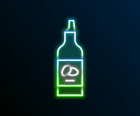 Glowing neon line Bottle of olive oil icon isolated on black background. Jug with olive oil icon. Colorful outline concept. Vector