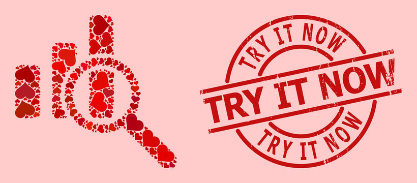 Textured Try It Now seal, and red love heart mosaic for expore bar chart. Red round seal has Try It Now caption inside circle. Expore bar chart mosaic is formed of red valentine symbols.