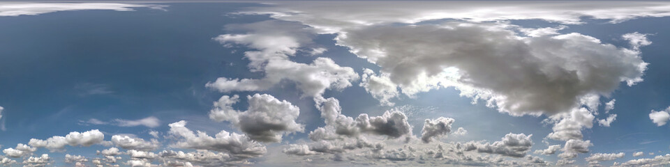 blue sky hdri 360 panorama with white beautiful clouds. Seamless panorama with zenith for use in 3d graphics or game development as sky dome or edit drone shot for sky replacement