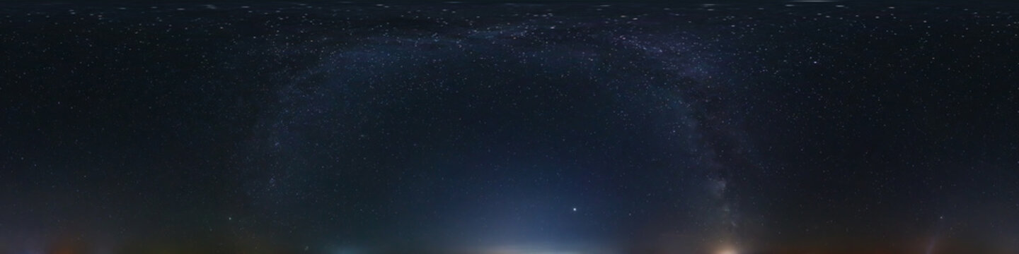 night 360 panorama with stars and milky way. Seamless panorama with zenith for use in 3d graphics or game development as sky dome or edit drone shot for sky replacement