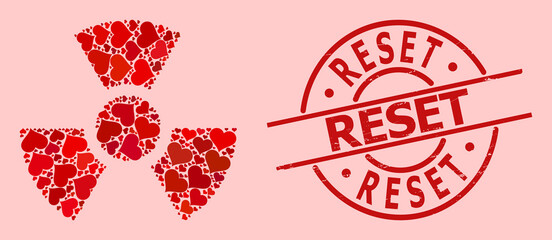 Scratched Reset stamp seal, and red love heart collage for radioactivity. Red round stamp seal has Reset text inside circle. Radioactivity mosaic is done from red valentine symbols.