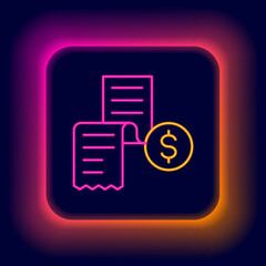 Glowing neon line Paper or financial check icon isolated on black background. Paper print check, shop receipt or bill. Colorful outline concept. Vector