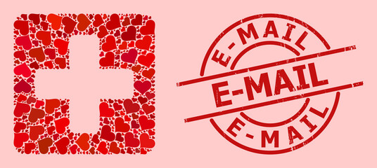 Distress E-Mail seal, and red love heart collage for medical box. Red round seal has E-Mail title inside circle. Medical box collage is constructed from red amour items.