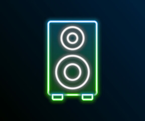 Glowing neon line Stereo speaker icon isolated on black background. Sound system speakers. Music icon. Musical column speaker bass equipment. Colorful outline concept. Vector