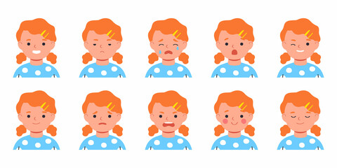 Set of kids emotions. Facial expression. Flat girl avatar. Vector illustration of flat child character