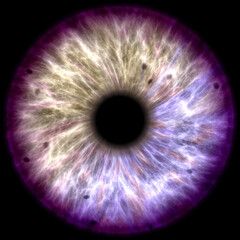 Illustration of a human iris on black background. Digital artwork creative graphic design.