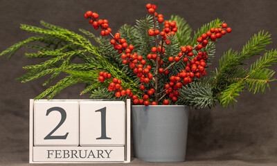 Memory and important date February 21, desk calendar - winter season.
