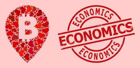 Rubber Economics badge, and red love heart mosaic for bitcoin map pointer. Red round badge contains Economics title inside circle. Bitcoin map pointer mosaic is formed with red dating symbols.