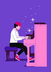 Piano player preforming. non binary pianist playing piano. Piano practice for live music concert. Classical musician wide repertoire. Keyboard instrument. Solo piano show.