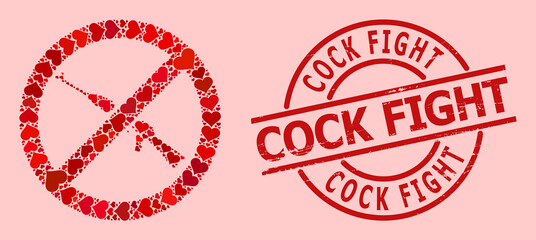 Grunge Cock Fight stamp seal, and red love heart mosaic for forbid kalashnikov weapon. Red round stamp seal includes Cock Fight title inside circle. © Sergey
