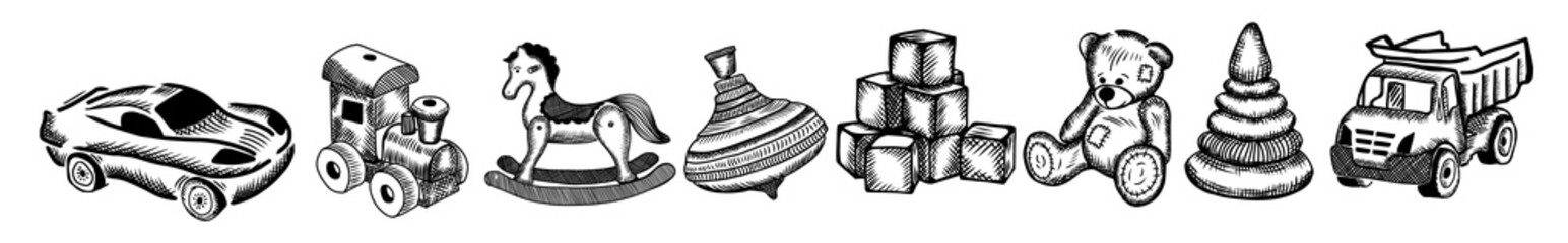 A set of children's toys drawn with a pen. Vector illustration
