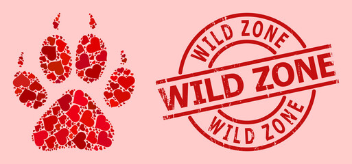 Rubber Wild Zone stamp, and red love heart collage for tiger footprint. Red round stamp seal includes Wild Zone tag inside circle. Tiger footprint collage is composed of red dating icons.