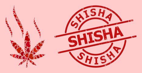 Rubber Shisha stamp, and red love heart mosaic for cannabis smoke. Red round stamp seal includes Shisha title inside circle. Cannabis smoke mosaic is organized with red romantic icons.