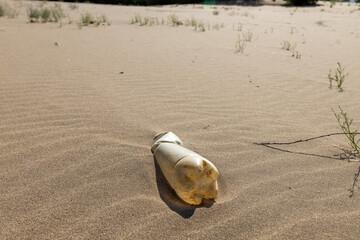 Obraz premium a dirty plastic bottle is lying on a sandy beach