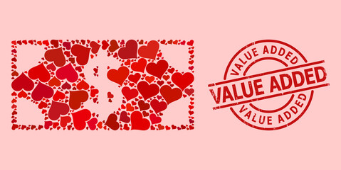Textured Value Added stamp seal, and red love heart mosaic for dollar banknote. Red round stamp seal includes Value Added tag inside circle. Dollar banknote mosaic is done of red wedding elements.