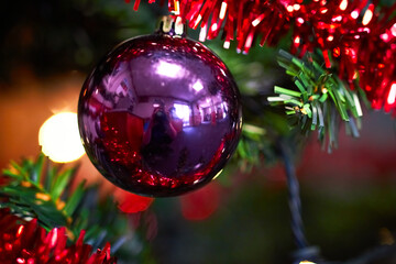 Purple bauble christmas tree decoration hanging on branch shallow depth of field