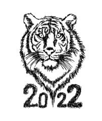 Year of the tiger. 2022 year. Monochrome sketch. Vector illustration
