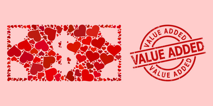 Textured Value Added stamp seal, and red love heart mosaic for dollar banknote. Red round stamp seal includes Value Added tag inside circle. Dollar banknote mosaic is done of red wedding elements.