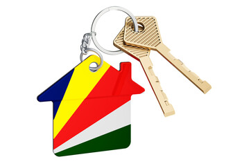 Real estate in Seychelles. Home keychain with Seychelloise flag. Property, rent or mortgage concept. 3D rendering