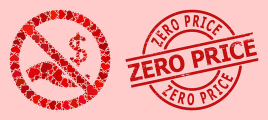 Distress Zero Price stamp seal, and red love heart collage for forbid dollar payment. Red round stamp seal includes Zero Price title inside circle.