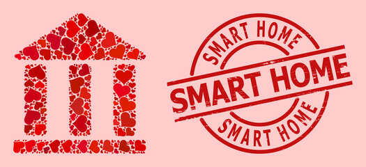 Grunge Smart Home seal, and red love heart mosaic for library building. Red round stamp seal includes Smart Home text inside circle. Library building mosaic is organized of red romantic items.