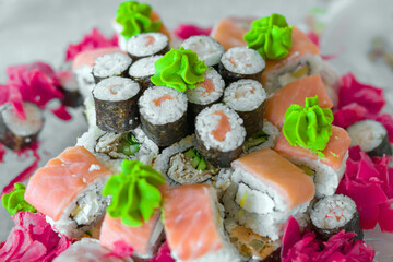 sushi lying in a big mountain. close-up