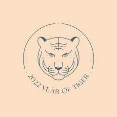 Vector linear emblem with tiger.2022 Happy New Year traditional symbol.Modern holiday icon design template.Trendy boho outline logo.