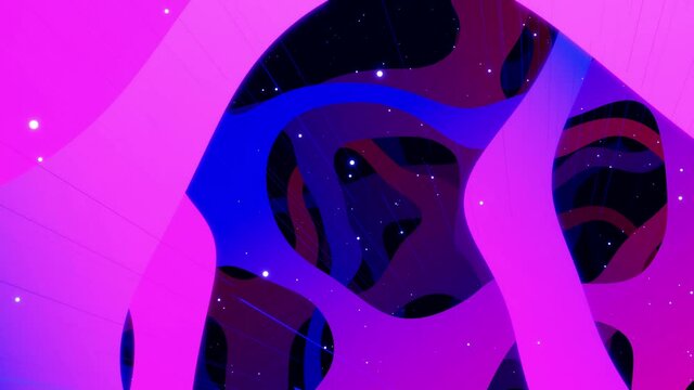 Motion graphic abstract colorful looped bg modern art, fly in art space, multilayer structure with pattern, glow particles and lines. Ornamental texture gradient color. Motion design vj loop.