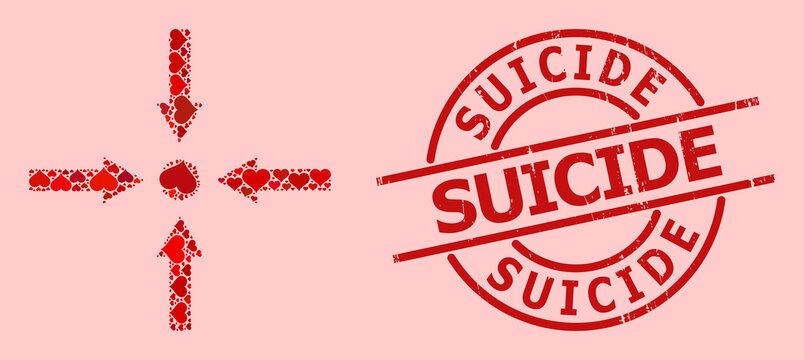 Textured Suicide stamp seal, and red love heart mosaic for meeting point arrows. Red round stamp seal includes Suicide title inside circle.