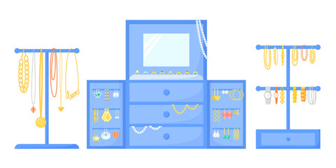 Jewelry box with accessories and bijouterie. Bracelets, earrings, watches, beads, necklaces, chains, rings collection. Jewellery organizer, storage, stand and holder. Flat design