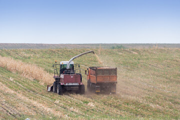 There is a corn harvesting with a combine harvester in the field.