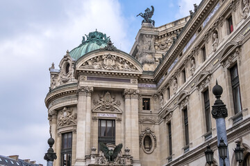 Fragment of Neo-baroque building of Grand Opera in Paris (Garnier Palace). Paris, France.