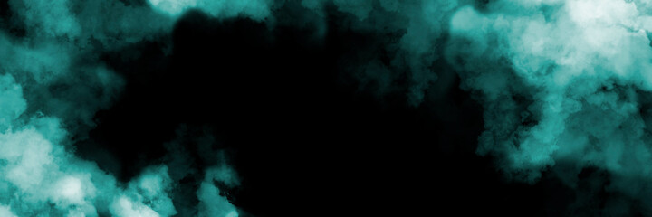 Light blue smoke clouds on black background. Abstract banner